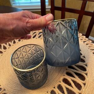 Two blue Votive Candle Holders with Gold Rim